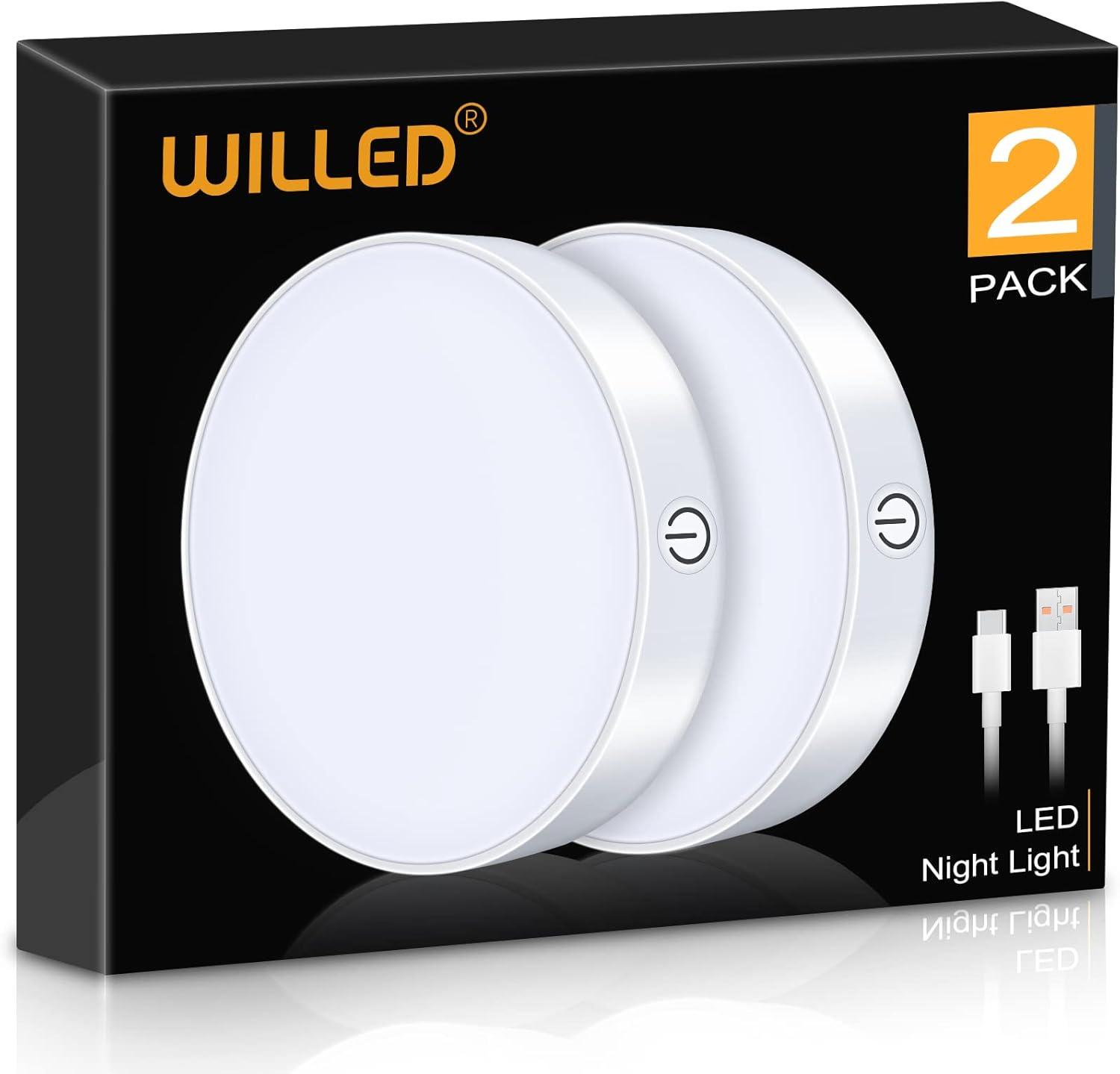 imageWILLED 3000K Dimmable Touch Lights Battery Rechargeable Tap Lights Magnet Stick on Closet Light Portable LED Puck Night Lights for Cabinet Wardrobe Counter Kitchen Bedroom 2 PackWhite