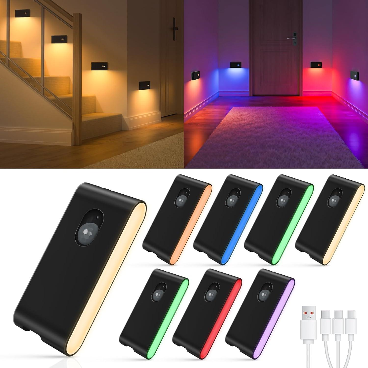 imageWILLED Motion Sensor Lights IndoorRGB ampamp Warm White Motion Sensor Night LightWireless Color Changing Stair Lights Indoor for Kids RoomStairBathroomHallwayKitchenBedroomClosetCabinet 8PCBlack