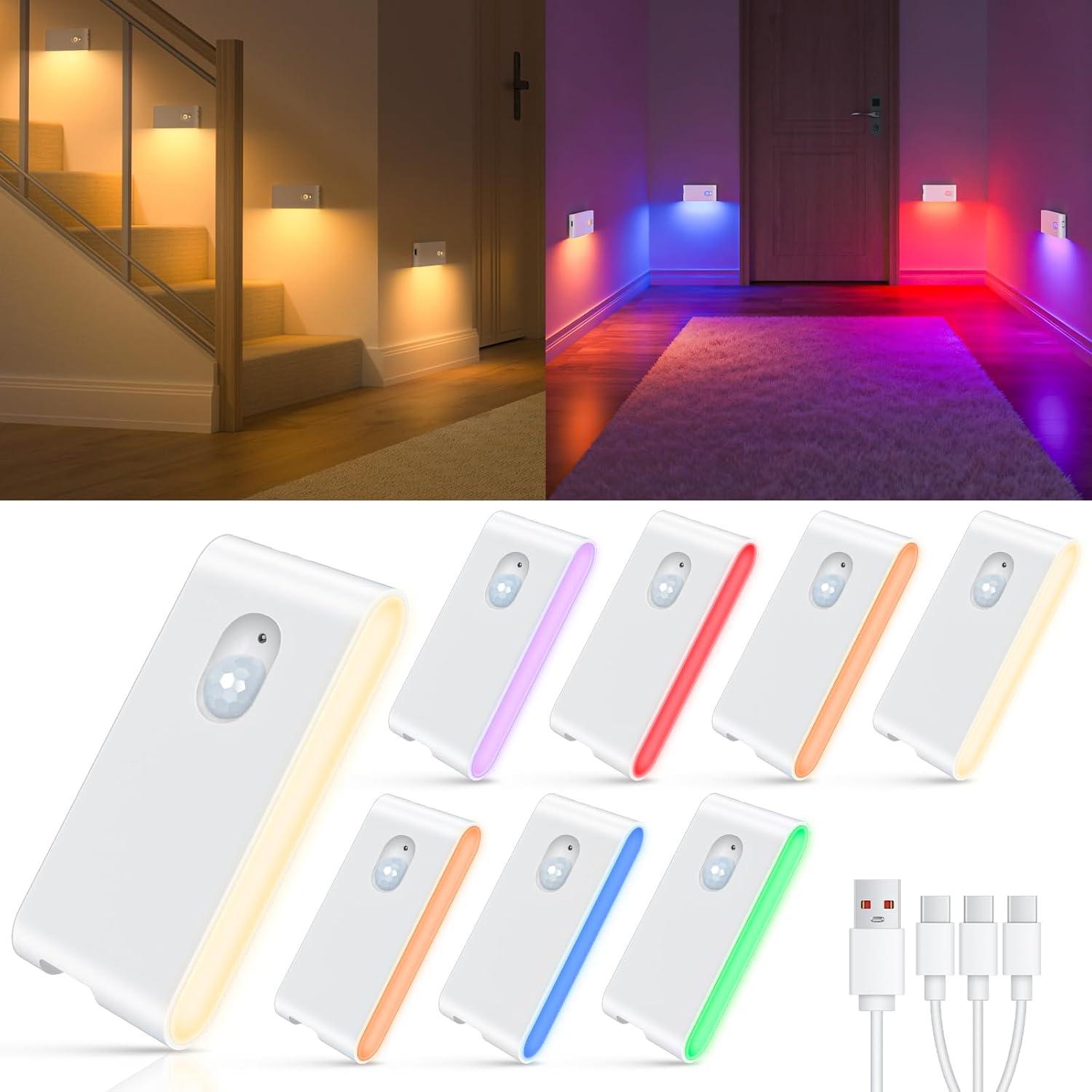 imageWILLED Motion Sensor Lights IndoorRGB ampamp Warm White Motion Sensor Night LightWireless Color Changing Stair Lights Indoor for Kids RoomStairBathroomHallwayKitchenBedroomClosetCabinet 8PCWhite