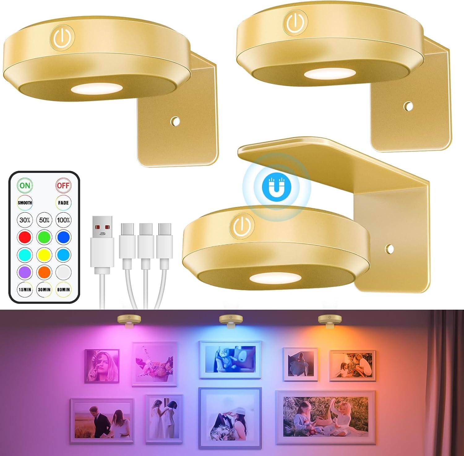 imageWILLED Picture Lights 1200mAh Rechargeable Battery Operated Picture Lights Puck Lights with Remote 9 RGB Colors DimmableampampTimer Gallery Lights Art Display Lighting for Paintings Wireless3 Pack2Wide Beam RGB