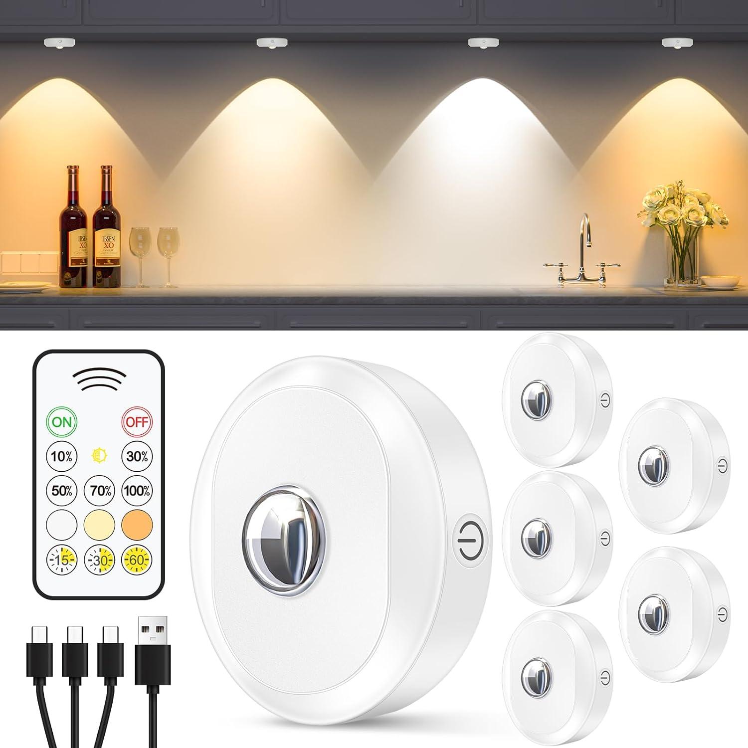 imageWILLED RGB Rechargeable Puck Lights with Remote Control Under Cabinet Lighting Wireless Dimmable Push Lights Multicolor and Timing Function LED Puck Lights for Kitchen Cabinet and Shelf6 PackWhite