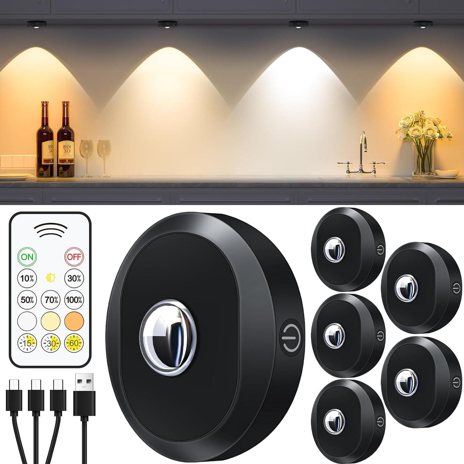 imageWILLED RGB Rechargeable Puck Lights with Remote Control Under Cabinet Lighting Wireless Dimmable Push Lights Multicolor and Timing Function LED Puck Lights for Kitchen Cabinet and Shelf6 PackBlack