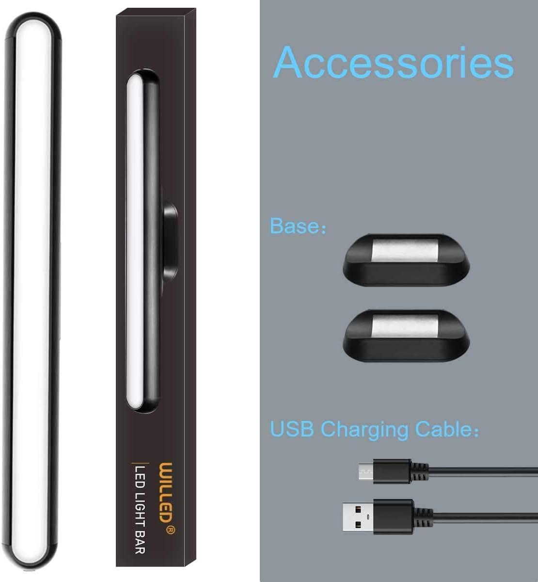 imageWILLED Rechargeable Touch Light Bar 3W Builtin 2000mAh Battery and Stick Magnet Mount for Reading Closet Cabinet Makeup Mirror Bedside Study