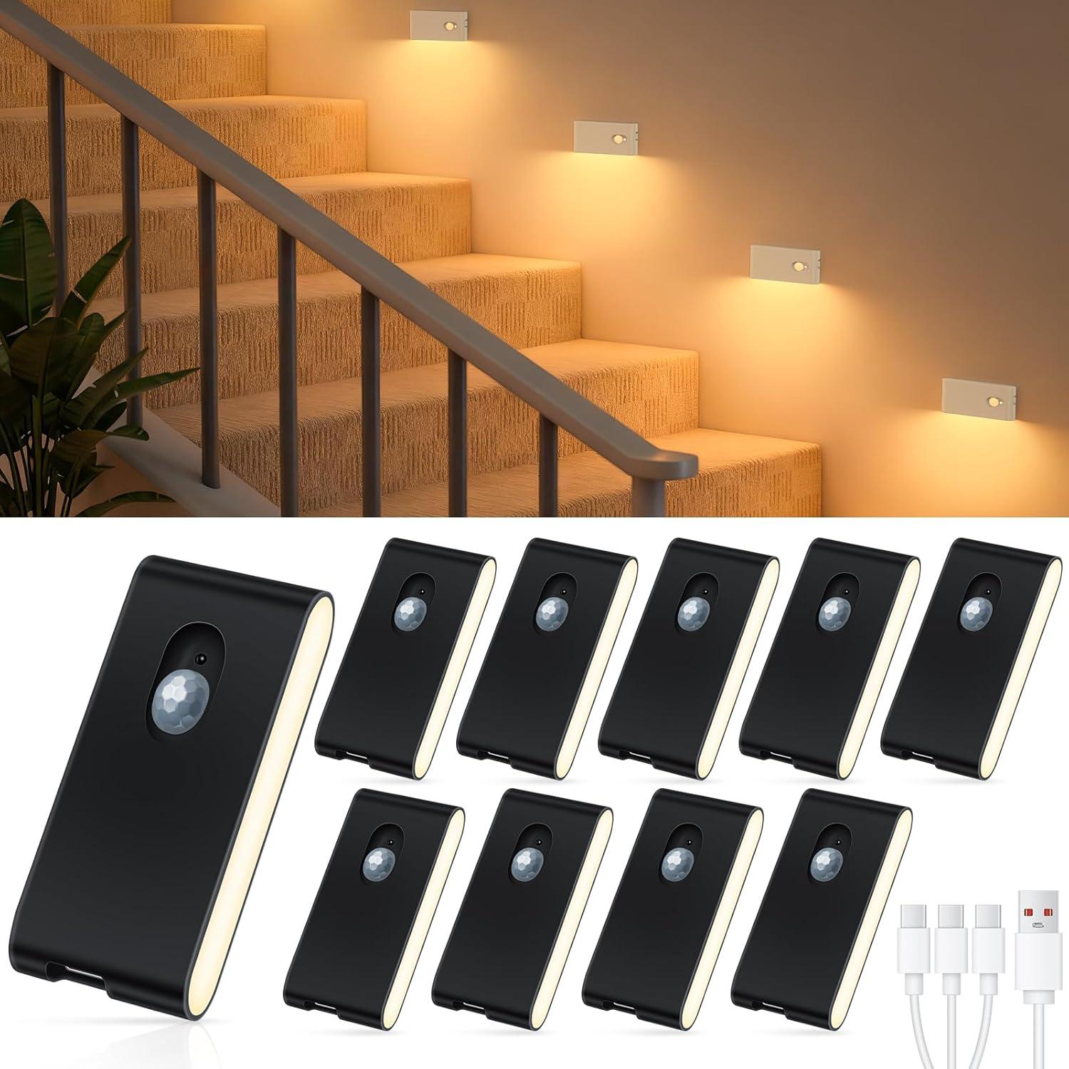 imageWILLED Stair Lights Indoor Warm White Rechargeable Night Light Wireless Motion Sensor Light Indoor for Stairs Hallway Stairway Bathroom Bedroom Kitchen 10 PackBlack