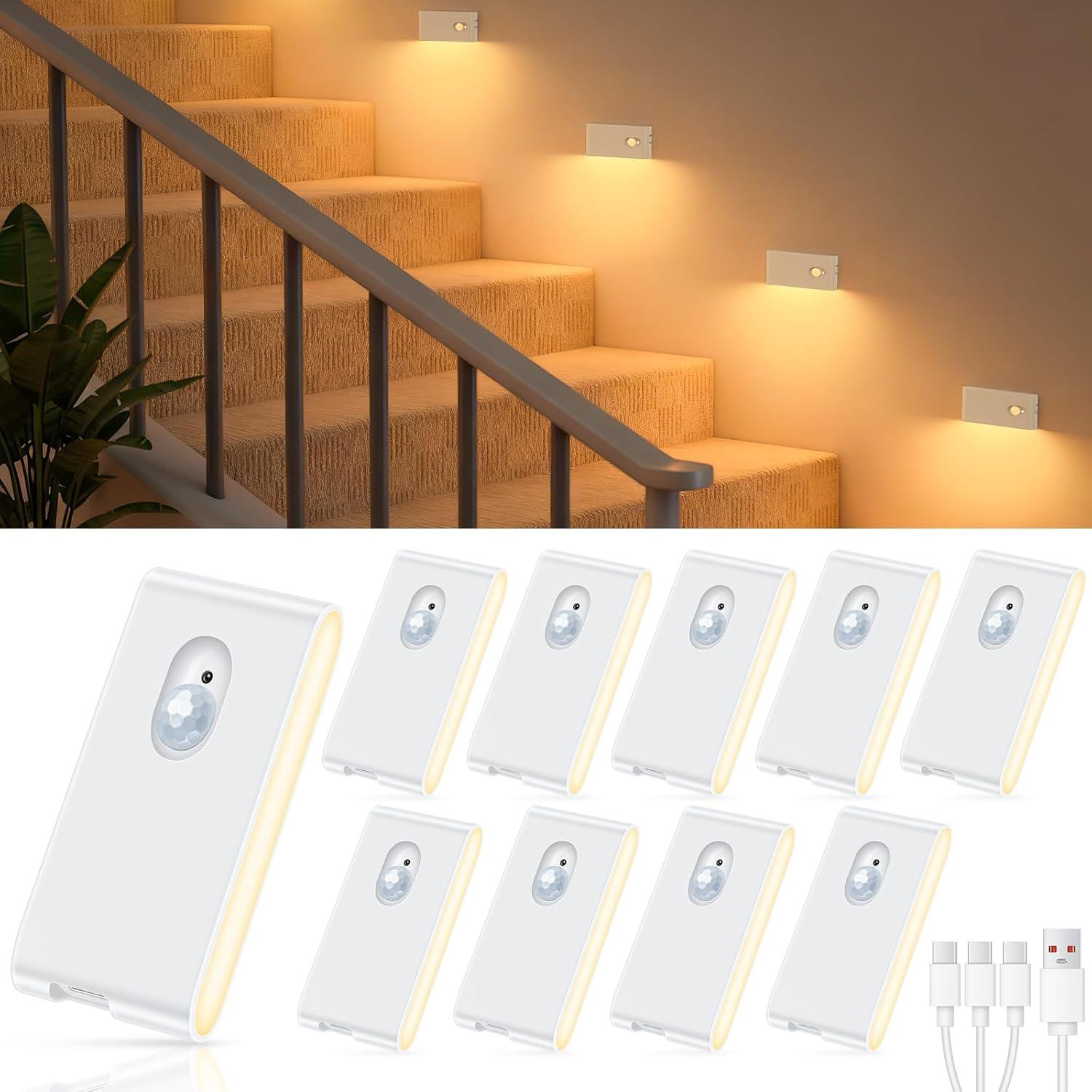 imageWILLED Stair Lights Indoor Warm White Rechargeable Night Light Wireless Motion Sensor Light Indoor for Stairs Hallway Stairway Bathroom Bedroom Kitchen 10 PackWhite