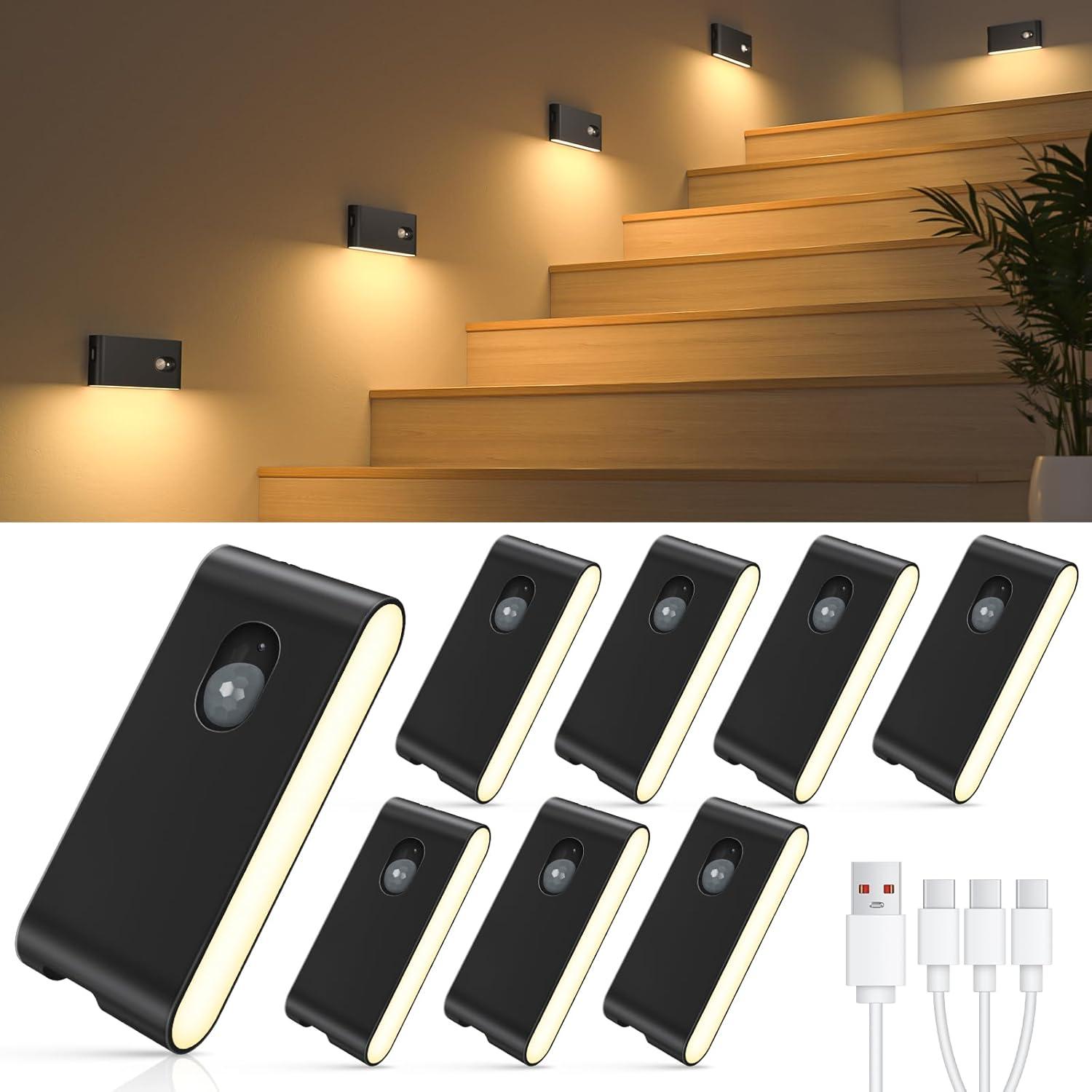 imageWILLED Stair Lights IndoorWarm White Rechargeable Night LightWireless Motion Sensor Night LightBattery Stick On Lights for StairwayHallwayKitchenClosetCabinetBedroomKids Room4PackBlack