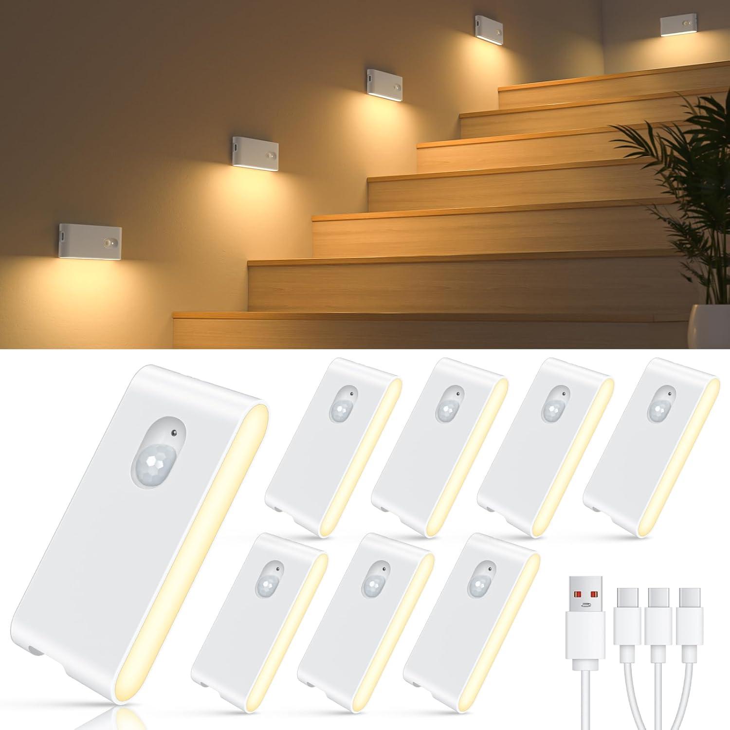 imageWILLED Stair Lights IndoorWarm White Rechargeable Night LightWireless Motion Sensor Night LightBattery Stick On Lights for StairwayHallwayKitchenClosetCabinetBedroomKids Room4PackWhite
