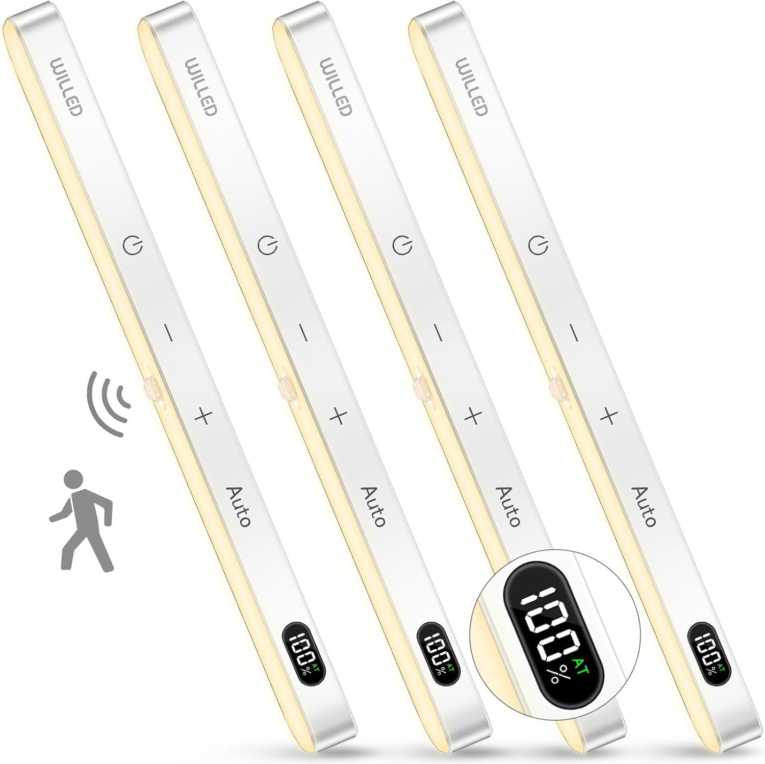 imageWILLED Under Cabinet Lights Rechargeable Battery Display 60 LED Touch Light Bar Motion Sensor Light Indoor Battery Operated Closet Light Wireless Stick on Under Counter Lights for Kitchen2 PackWarm White 3000K