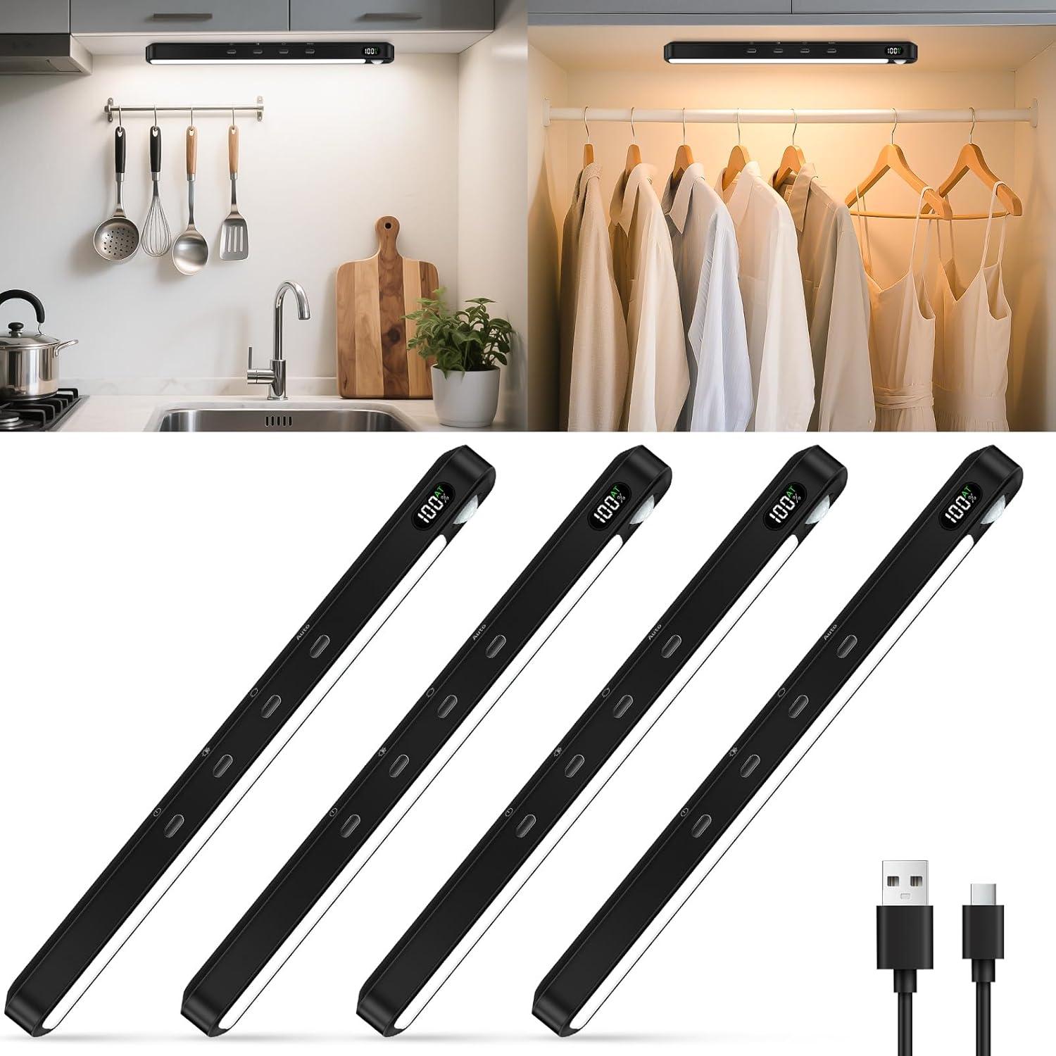 imageWILLED Under Cabinet ampamp Closet Lights Motion Sensor Rechargeable Magnetic 3 Color Temps Dimmable LED Light Bar for Indoor Kitchen Counter 4 Pack WhiteBlack