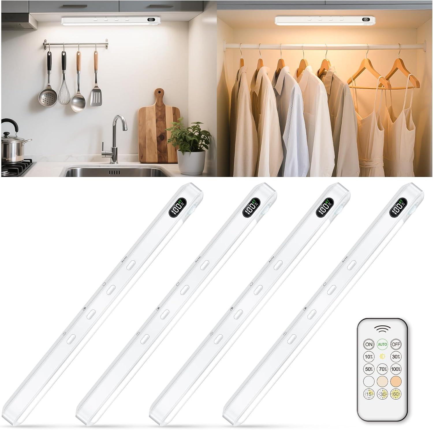 imageWILLED Under Cabinet ampamp Closet Lights Motion Sensor Rechargeable Magnetic 3 Color Temps Dimmable LED Light Bar for Indoor Kitchen Counter 4 Pack WhiteWhite
