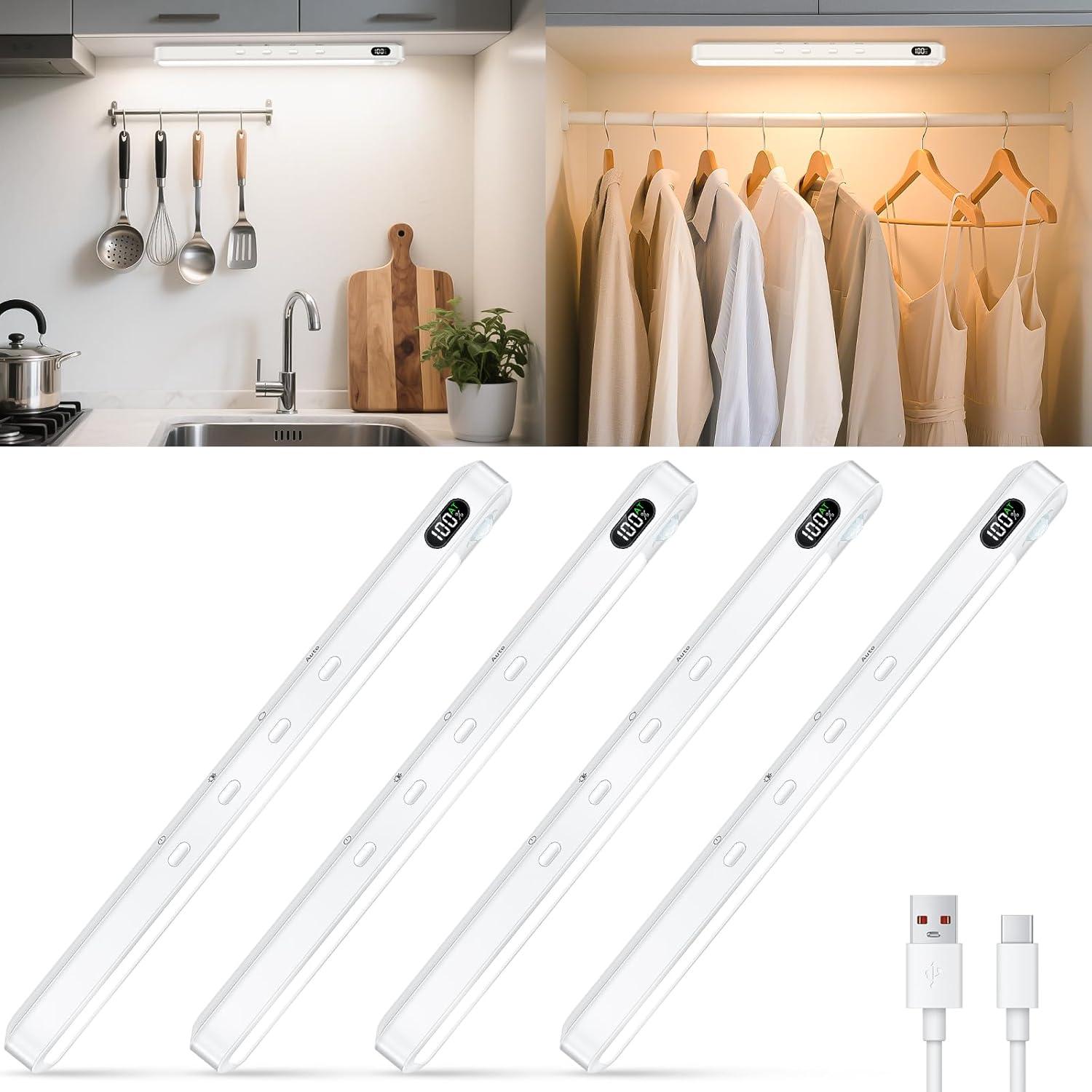 imageWILLED Under Cabinet ampamp Closet Lights Motion Sensor Rechargeable Magnetic 3 Color Temps Dimmable LED Light Bar for Indoor Kitchen Counter 4 Pack WhiteWhite
