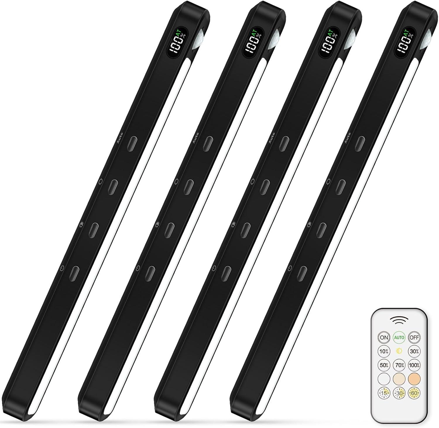 imageWILLED Under Cabinet ampamp Closet Lights Motion Sensor Rechargeable Magnetic 3 Color Temps Dimmable LED Light Bar for Indoor Kitchen Counter 4 Pack WhiteBlack