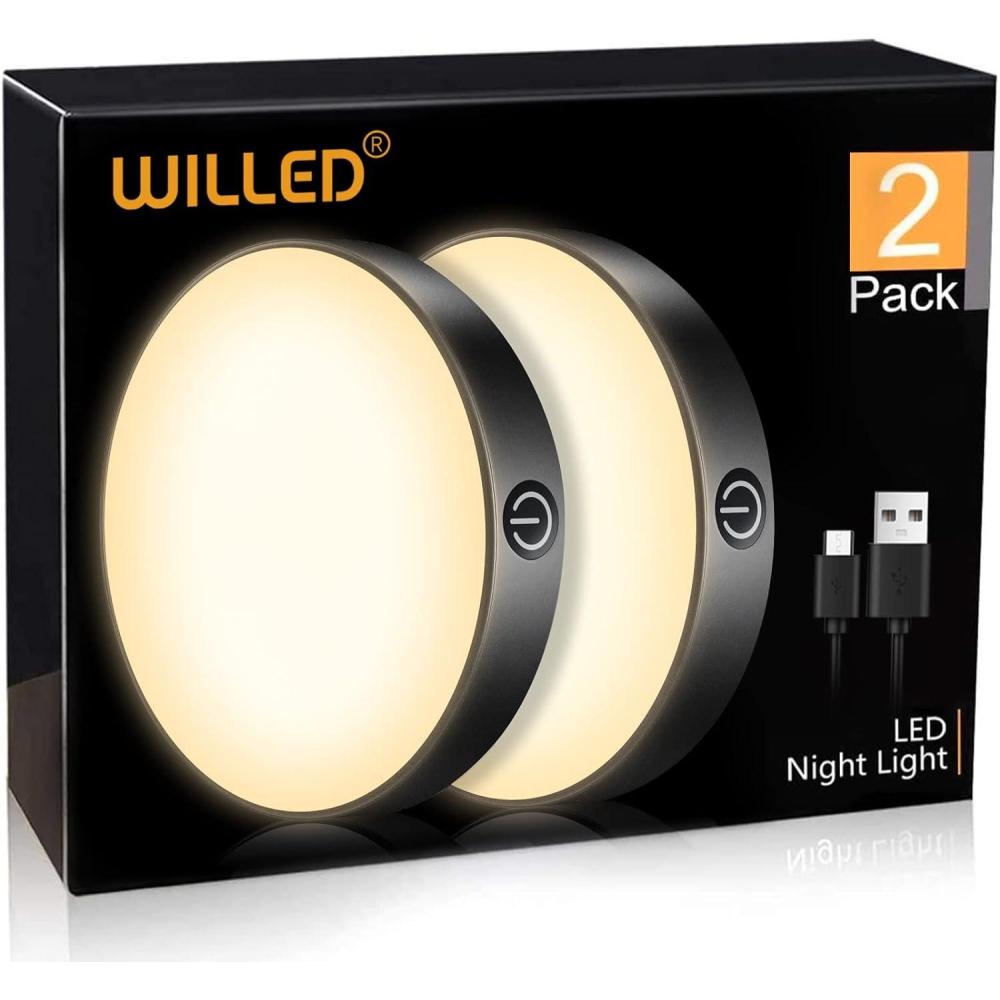 imageWILLED 3000K Dimmable Touch Lights Battery Rechargeable Tap Lights Magnet Stick on Closet Light Portable LED Puck Night Lights for Cabinet Wardrobe Counter Kitchen Bedroom 2 PackBlack