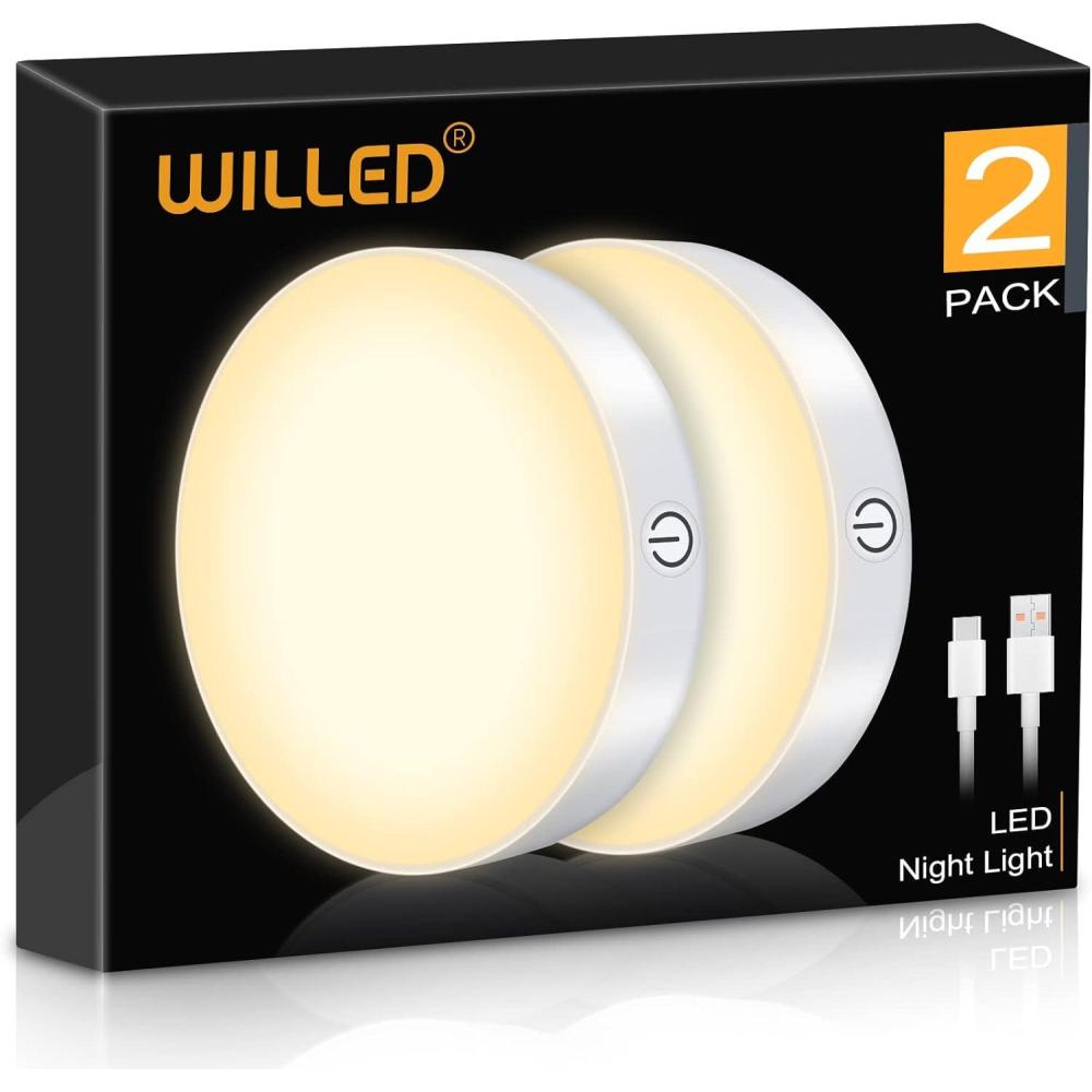 imageWILLED 3000K Dimmable Touch Lights Battery Rechargeable Tap Lights Magnet Stick on Closet Light Portable LED Puck Night Lights for Cabinet Wardrobe Counter Kitchen Bedroom 2 PackWhite