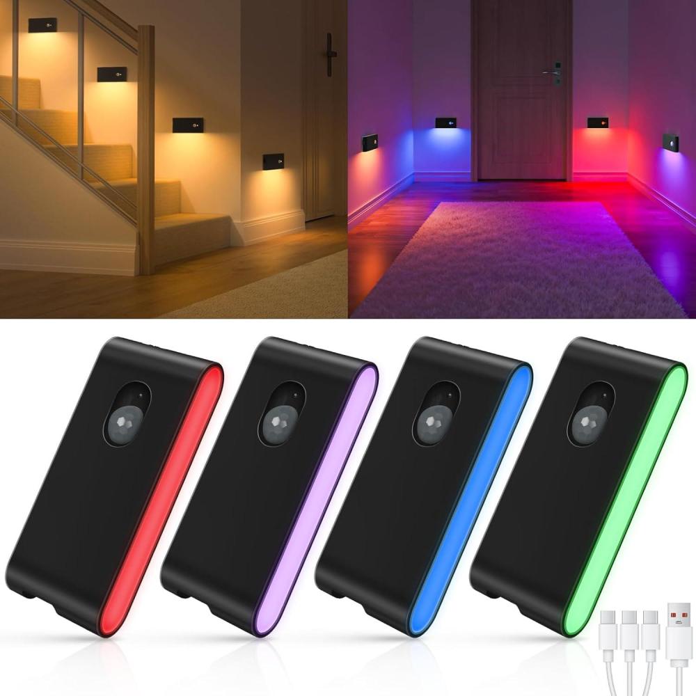 imageWILLED Motion Sensor Lights IndoorRGB ampamp Warm White Motion Sensor Night LightWireless Color Changing Stair Lights Indoor for Kids RoomStairBathroomHallwayKitchenBedroomClosetCabinet 8PCBlack