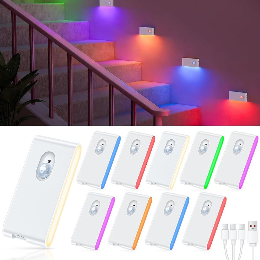 imageWILLED Motion Sensor Night Light RGB ampamp Warm White Stair Lights Indoor Rechargeable Color Changing Night Light Wireless Motion Sensor Light Indoor for StairHallwayBathroomCabinetKitchen10 Pack10 Pack