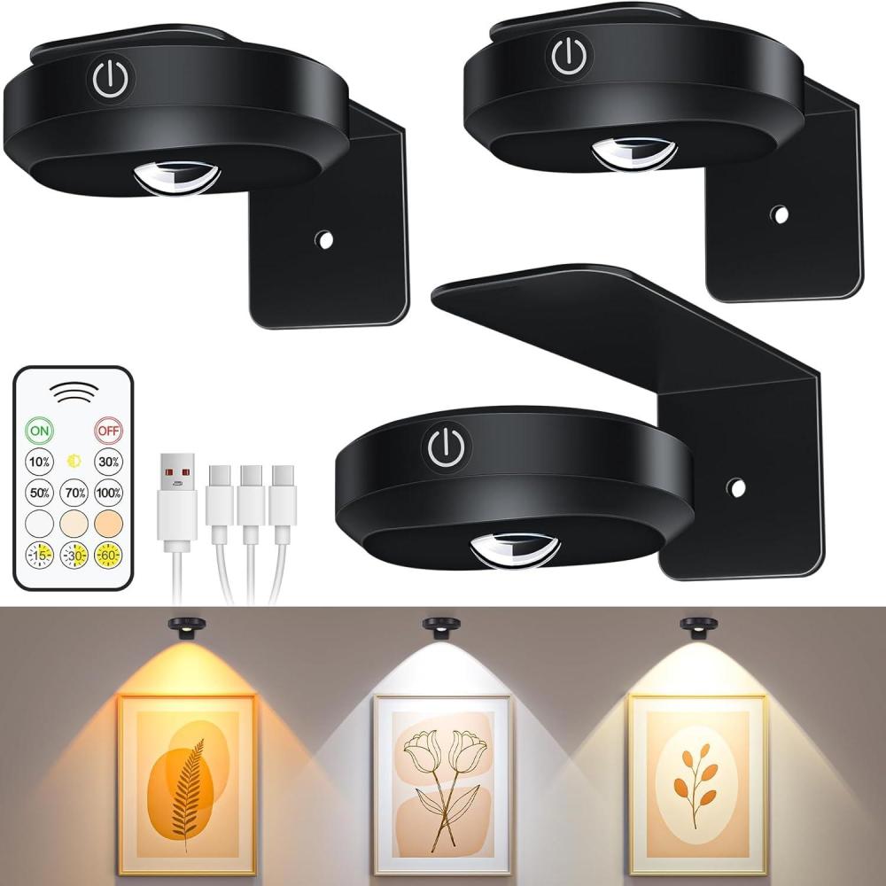 imageWILLED Picture Lights 1200mAh Rechargeable Battery Operated Picture Lights Puck Lights with Remote 9 RGB Colors DimmableampampTimer Gallery Lights Art Display Lighting for Paintings Wireless3 Pack1Narrow Beam 3000K6000K