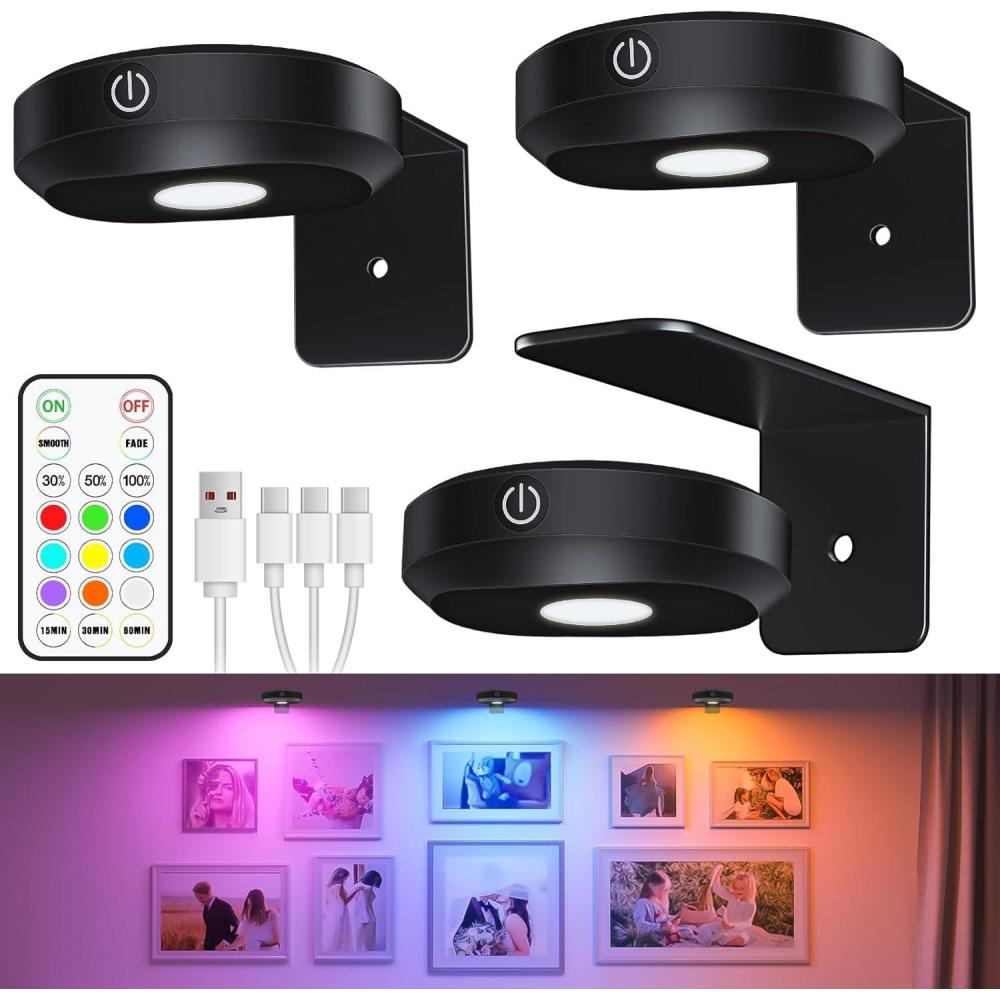 imageWILLED Picture Lights 1200mAh Rechargeable Battery Operated Picture Lights Puck Lights with Remote 9 RGB Colors DimmableampampTimer Gallery Lights Art Display Lighting for Paintings Wireless3 Pack2Wide Beam RGB