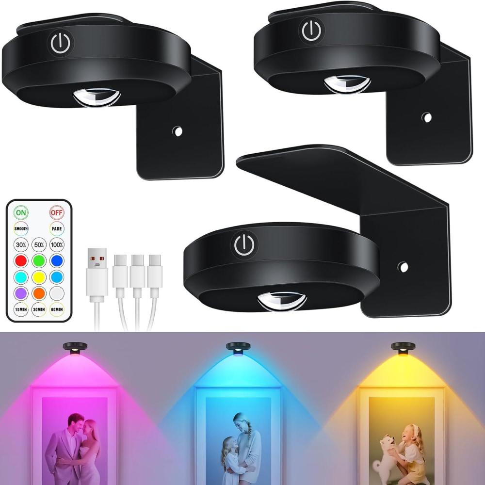 imageWILLED Picture Lights 1200mAh Rechargeable Battery Operated Picture Lights Puck Lights with Remote 9 RGB Colors DimmableampampTimer Gallery Lights Art Display Lighting for Paintings Wireless3 Pack2Narrow Beam RGB