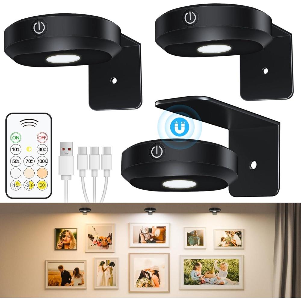 imageWILLED Picture Lights 1200mAh Rechargeable Battery Operated Picture Lights Puck Lights with Remote 9 RGB Colors DimmableampampTimer Gallery Lights Art Display Lighting for Paintings Wireless3 Pack1Wide Beam 3000K6000K