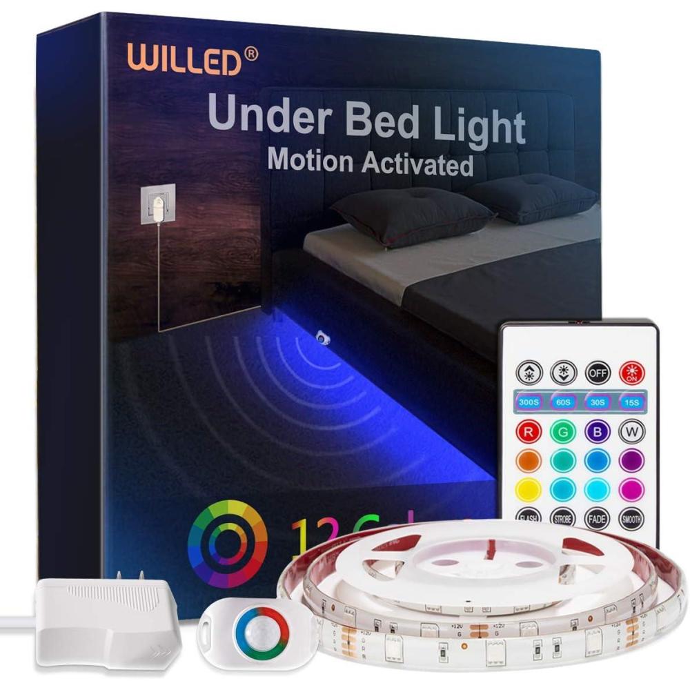 imageWILLED RGB LED Strip Lights Under Bed Light Motion Activated Sensor RF Remote Control with Timer Color Changing Strip Lighting for Bed Stairs Shelf Desk Cabinet and Party DecorationRGB Red Green Blue