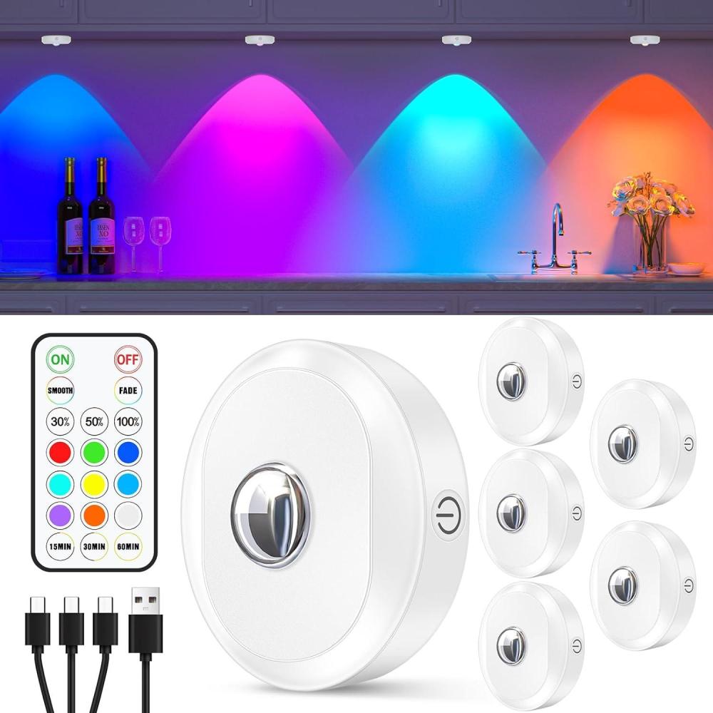imageWILLED RGB Rechargeable Puck Lights with Remote Control Under Cabinet Lighting Wireless Dimmable Push Lights Multicolor and Timing Function LED Puck Lights for Kitchen Cabinet and Shelf6 PackWhite