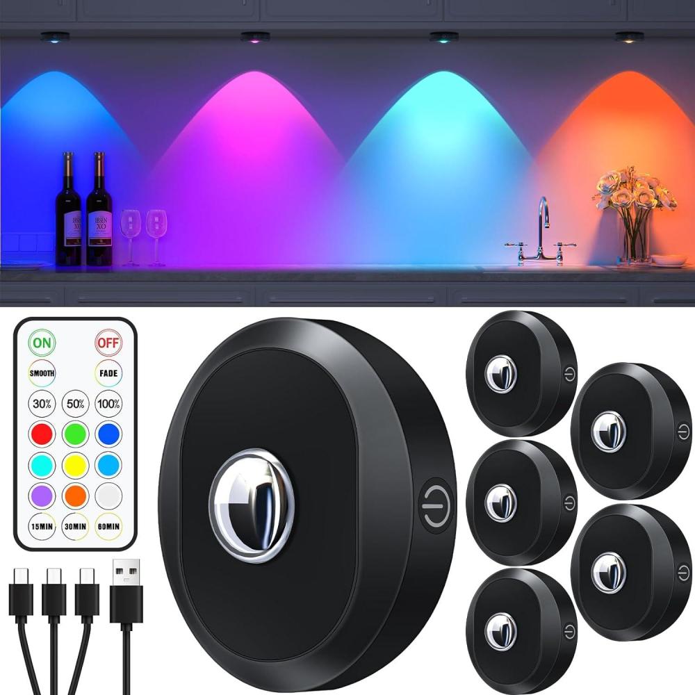 imageWILLED RGB Rechargeable Puck Lights with Remote Control Under Cabinet Lighting Wireless Dimmable Push Lights Multicolor and Timing Function LED Puck Lights for Kitchen Cabinet and Shelf6 PackBlack