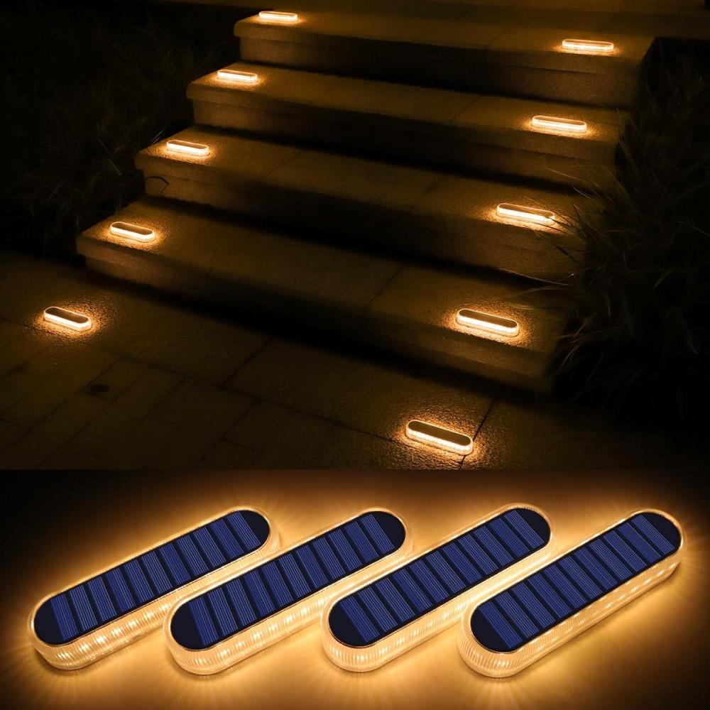 imageWILLED Solar Step Lights for Outside4 Pack Warm White Solar Deck Lights Waterproof Big Solar Charging PanelOutdoor Solar Powered Lights for StepsStairDockDrivewayWalkwaySidewalkGarden1Elongated 4 PACK Warm White