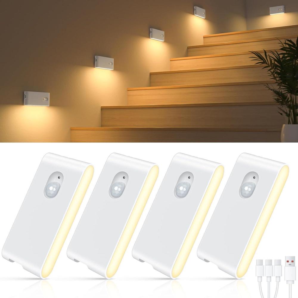imageWILLED Stair Lights IndoorWarm White Rechargeable Night LightWireless Motion Sensor Night LightBattery Stick On Lights for StairwayHallwayKitchenClosetCabinetBedroomKids Room4PackWhite