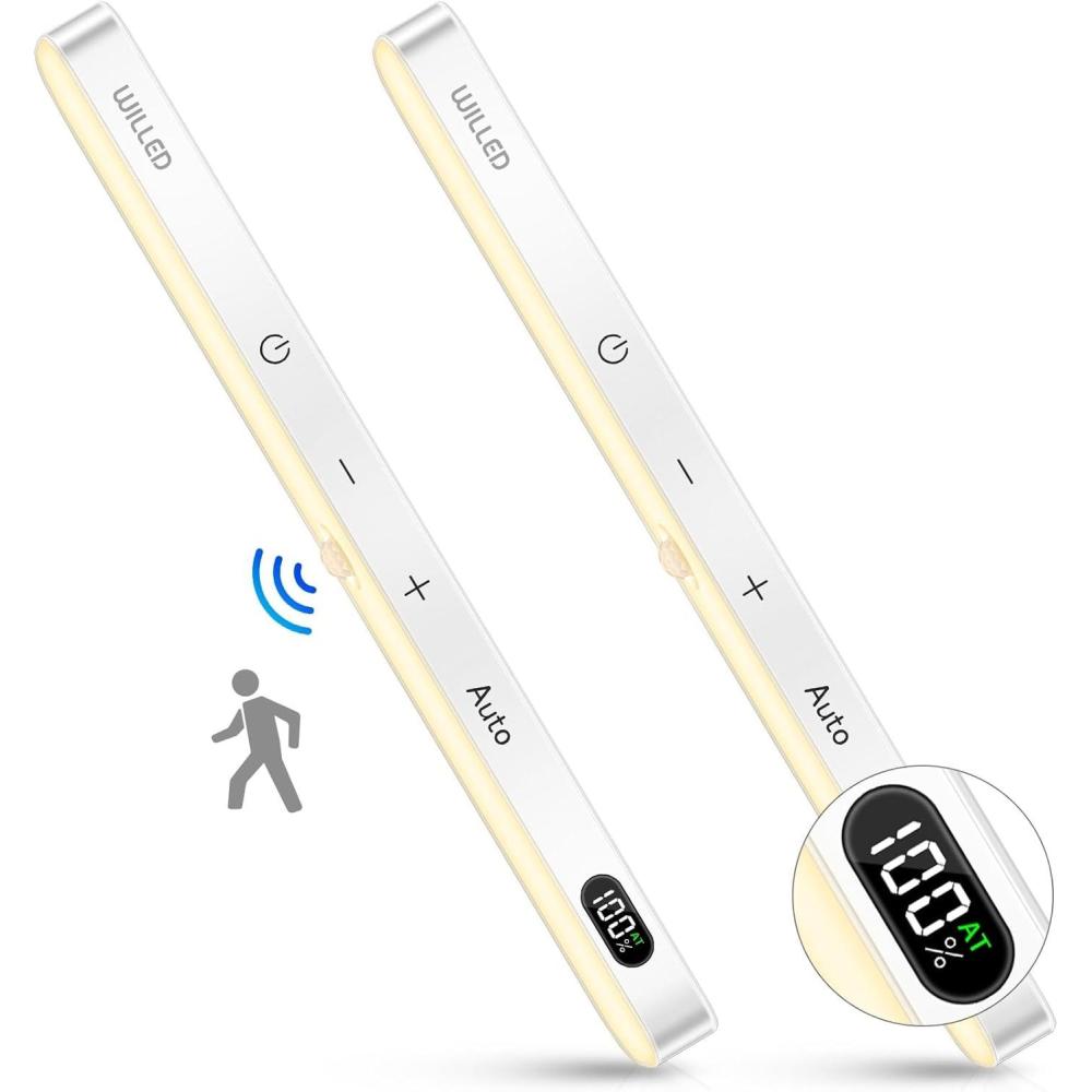 imageWILLED Under Cabinet Lights Rechargeable Battery Display 60 LED Touch Light Bar Motion Sensor Light Indoor Battery Operated Closet Light Wireless Stick on Under Counter Lights for Kitchen2 PackWarm White 3000K