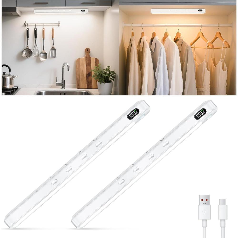 imageWILLED Under Cabinet ampamp Closet Lights Motion Sensor Rechargeable Magnetic 3 Color Temps Dimmable LED Light Bar for Indoor Kitchen Counter 4 Pack WhiteWhite