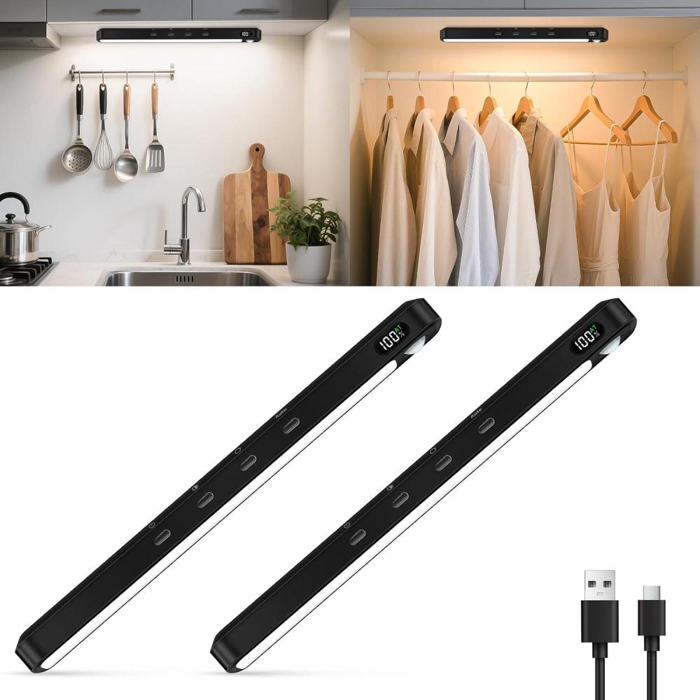 imageWILLED Under Cabinet ampamp Closet Lights Motion Sensor Rechargeable Magnetic 3 Color Temps Dimmable LED Light Bar for Indoor Kitchen Counter 4 Pack WhiteBlack