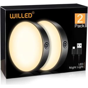 WILLED 3000K Dimmable Touch Lights, Battery Rechargeable Tap Lights, Magnet Stick on Closet Light, Portable LED Puck Night Lights for Cabinet, Wardrobe, Counter, Kitchen, Bedroom (2 Pack)(Black)