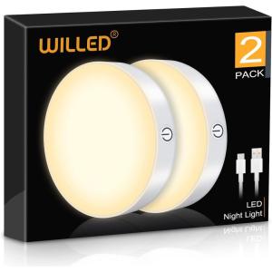 WILLED 3000K Dimmable Touch Lights, Battery Rechargeable Tap Lights, Magnet Stick on Closet Light, Portable LED Puck Night Lights for Cabinet, Wardrobe, Counter, Kitchen, Bedroom (2 Pack)(White)