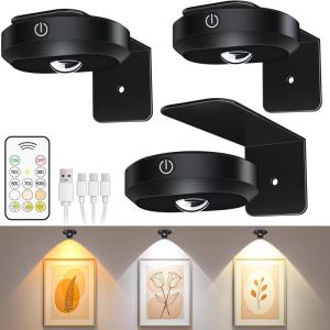 WILLED Picture Lights, 1200mAh Rechargeable Battery Operated Picture Lights, Puck Lights with Remote, 9 RGB Colors, Dimmable&Timer, Gallery Lights, Art Display Lighting for Paintings Wireless/3 Pack(1-Narrow Beam 3000K-6000K)