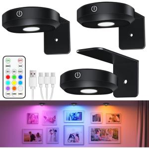 WILLED Picture Lights, 1200mAh Rechargeable Battery Operated Picture Lights, Puck Lights with Remote, 9 RGB Colors, Dimmable&Timer, Gallery Lights, Art Display Lighting for Paintings Wireless/3 Pack(2-Wide Beam RGB)