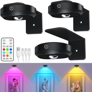 WILLED Picture Lights, 1200mAh Rechargeable Battery Operated Picture Lights, Puck Lights with Remote, 9 RGB Colors, Dimmable&Timer, Gallery Lights, Art Display Lighting for Paintings Wireless/3 Pack(2-Narrow Beam RGB)