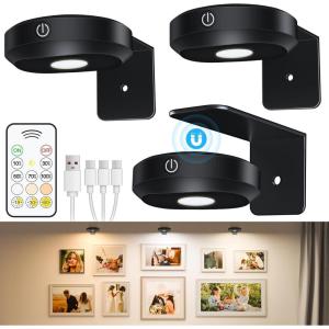 WILLED Picture Lights, 1200mAh Rechargeable Battery Operated Picture Lights, Puck Lights with Remote, 9 RGB Colors, Dimmable&Timer, Gallery Lights, Art Display Lighting for Paintings Wireless/3 Pack(1-Wide Beam 3000K-6000K)