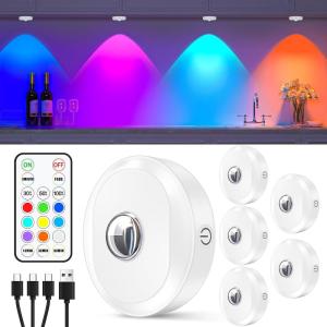 WILLED RGB Rechargeable Puck Lights with Remote Control, Under Cabinet Lighting Wireless, Dimmable Push Lights, Multicolor and Timing Function, LED Puck Lights for Kitchen, Cabinet and Shelf(6 Pack)(White)