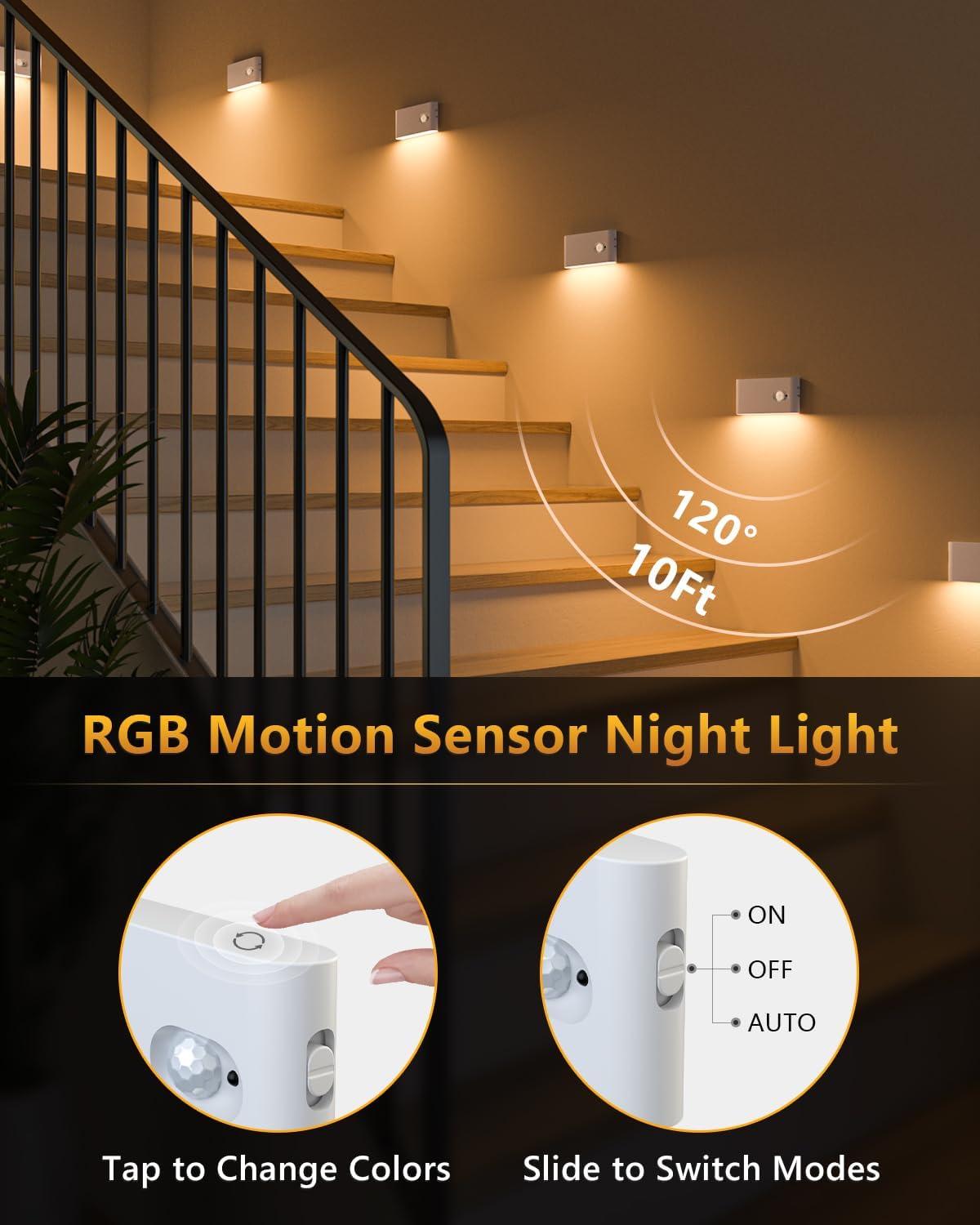 image:imageWILLED Motion Sensor Light Indoor RGB amp Warm White Motion Sensor Night Light Rechargeable Stair Lights Indoor Color Changing Night Light for StairHallwayBathroomCabinetKitchen10 PackWhite