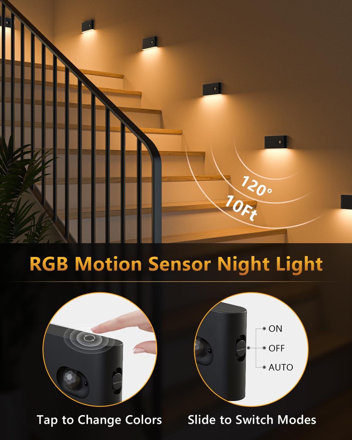 image:imageWILLED Motion Sensor Light Indoor RGB amp Warm White Motion Sensor Night Light Rechargeable Stair Lights Indoor Color Changing Night Light for StairHallwayBathroomCabinetKitchen10 PackBlack