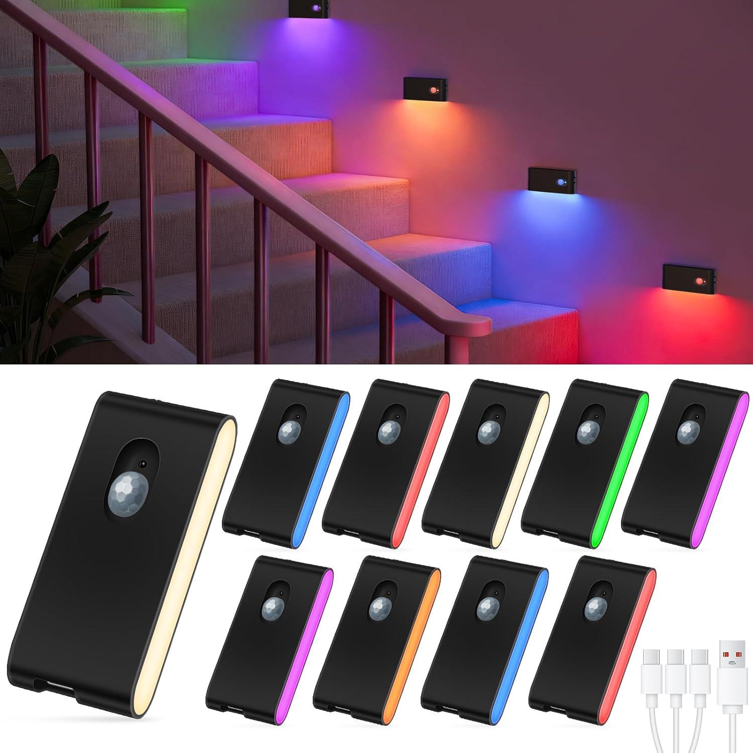 image:imageWILLED Motion Sensor Light Indoor RGB amp Warm White Motion Sensor Night Light Rechargeable Stair Lights Indoor Color Changing Night Light for StairHallwayBathroomCabinetKitchen10 PackBlack